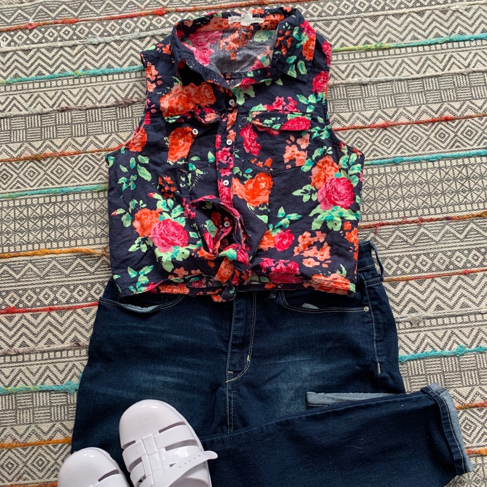 Navy Blue floral top with multi colored flowers